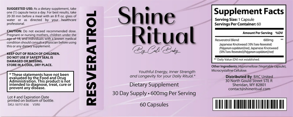 Supplement label for 'Shine Ritual' with 'Resveratrol' on a purple background